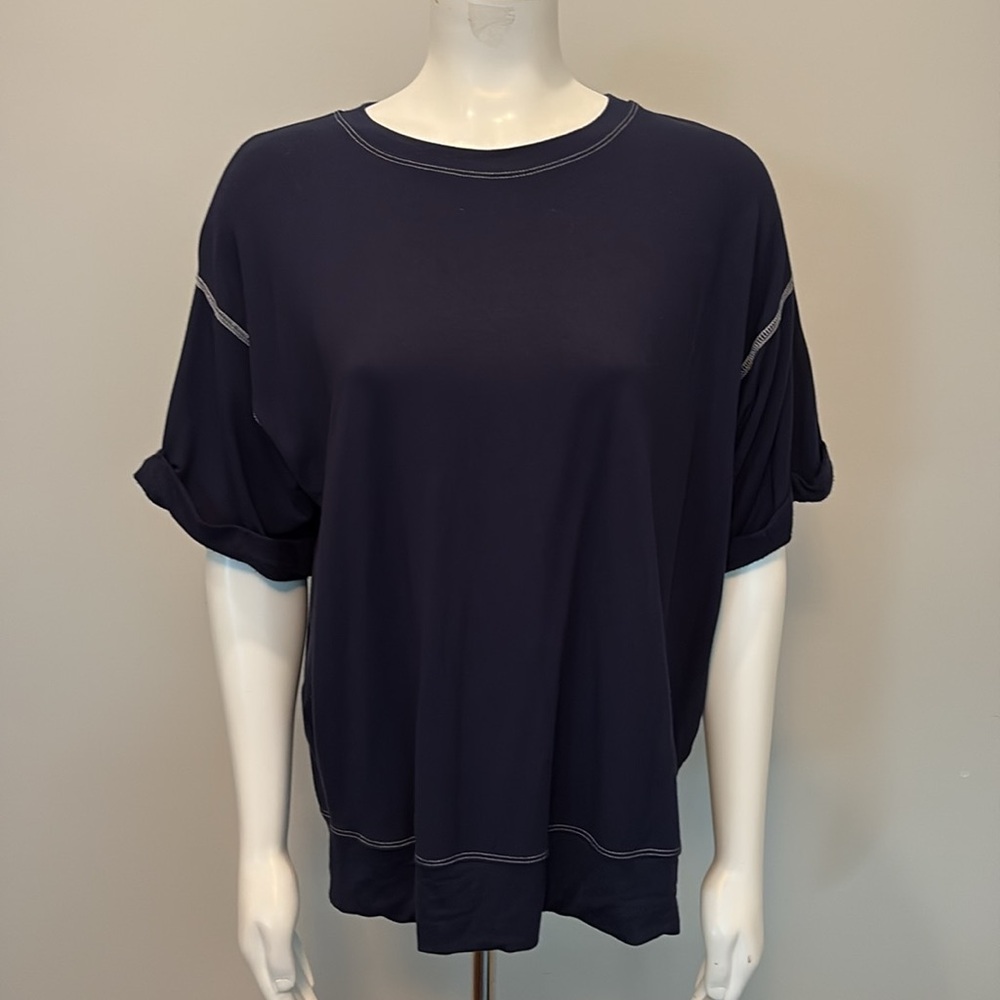 Karen Kane Navy Blue Short Sleeve Top Dropped Shoulder and Stitching Detail 0X